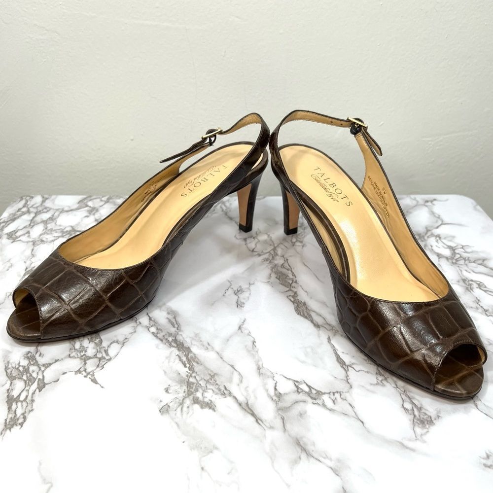 Chocolate 🍫 🐊 Croc Slingback Peep Toe Heels size 9W